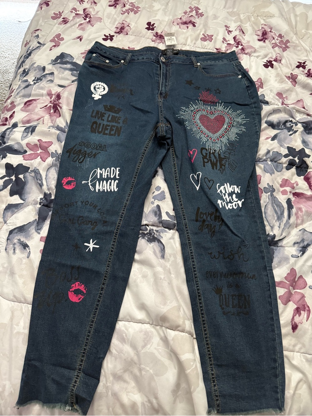 Ashley Stewart Dark Wash Straight Leg Jeans with Heart Graphic and Prints